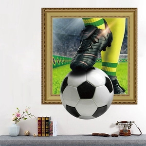 3D visual wall sticker with soccer ball and gold frame for living room decoration