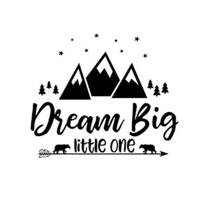 Dream Big Little One vinyl wall sticker with mountain, bear, and pine tree motifs