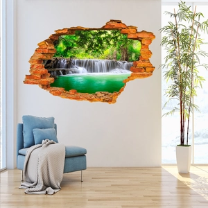 Detailed view of 3D forest waterfall wall sticker in a modern living room setting