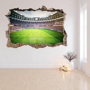 Detaillierter 3D-Wandaufkleber eines Fußballstadions mit realistischem Wanddurchbruch-Effekt
