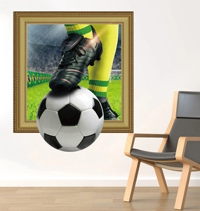 3D realistic soccer wall sticker showing a football and cleat breaking through a gold frame