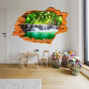 3D broken wall landscape wall sticker featuring a waterfall scene for living room decor