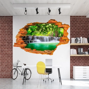3D broken brick wall sticker featuring a tropical waterfall landscape for home decor
