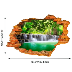 Detail view of 3D waterfall wall sticker showing dimensions 90cm x 57cm for home decor