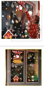 Detailed Christmas window stickers set with Santa, snowman, and reindeer on glass surface