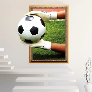 Detailed 3D soccer wall sticker featuring a goalkeeper catching a ball with gold frame