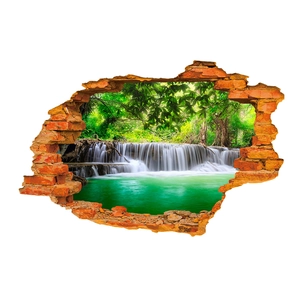 3D broken brick wall sticker featuring a realistic tropical forest waterfall view