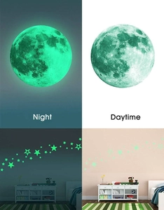 Luminous moon and stars wall stickers set showing daytime and night fluorescent effects