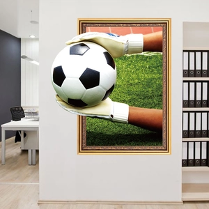 3D wall sticker featuring goalkeeper hands catching a soccer ball emerging from a frame