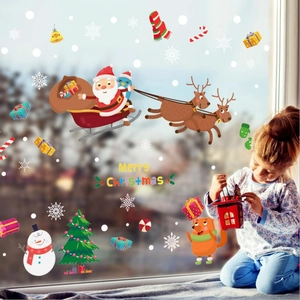 Merry Christmas Santa Claus Reindeer Snowman Window Sticker Static PVC Decal Festive Party Shop Home Glass Wall Decoration