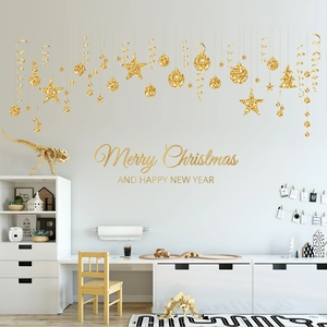 Golden glitter Christmas ball and star wall decals with Merry Christmas New Year text