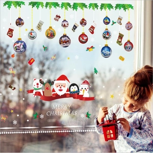 Joyeux Noël Père Noël Renne PVC Stickers Fenêtre Imperméable Dessin Animé Autocollants Muraux Pour Magasin Maison Déco