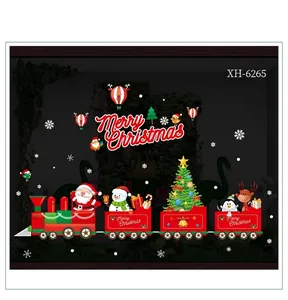 Cartoon Christmas train window stickers featuring Santa, reindeer and snowman on black glass