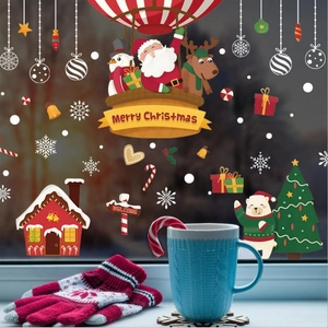 Christmas Window Stickers PVC Waterproof Removable Santa Claus Snowman Reindeer Hot Air Balloon Decals For Shop Home Decor