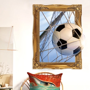 3D wall sticker featuring a soccer ball breaking through an ornate golden frame decor