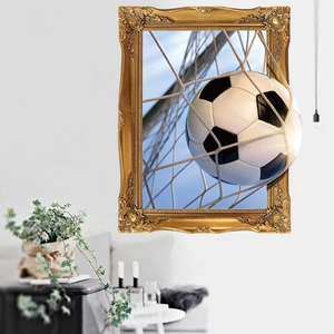 3D wall sticker featuring a football breaking through the net with ornate golden frame detail
