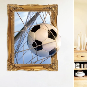 3D soccer ball wall sticker bursting through a vintage golden frame for living room decor