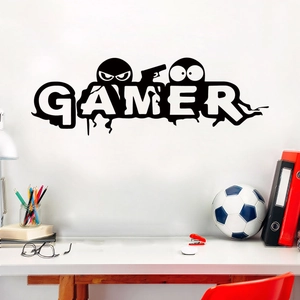 Gamer wall sticker with cartoon characters and pistol silhouette for kids room decoration