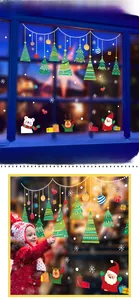 Detailed view of Christmas window stickers with Santa and reindeer on glass pane