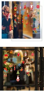 Detail of Christmas window stickers featuring Santa, reindeer, and snowflakes for decor