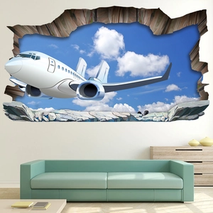 Detailed 3D wall sticker featuring a cartoon airplane flying through a broken wall effect
