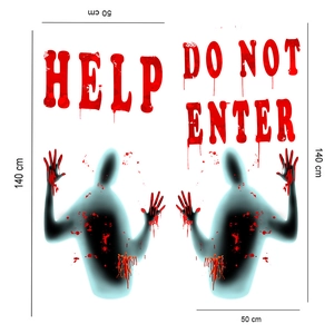 Detailed dimensions of Halloween wall stickers with HELP text and shadow silhouettes