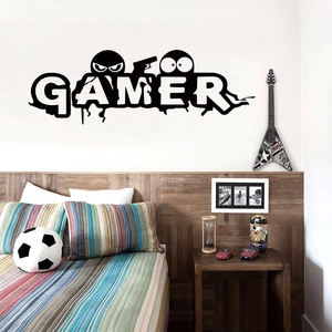Creative black gamer wall sticker with cartoon ninja illustration for kids bedroom