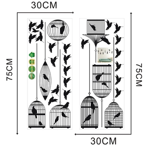 Detail view of birdcage wall sticker layout with PVC black silhouette bird designs