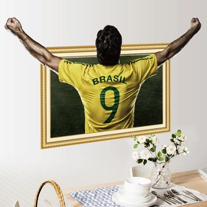3D wall sticker detail of a Brazil soccer player celebrating with realistic break-out effect