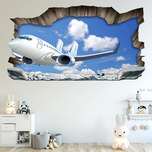 3D wall sticker detail of a cartoon plane flying through a cracked wall into blue sky