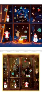 Detail view of festive Santa and Reindeer static window stickers for Christmas shop decor