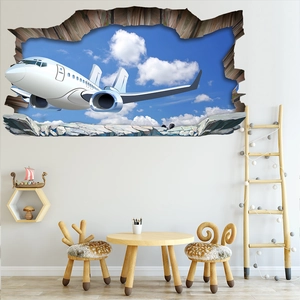 3D wall decal of airplane and blue sky with realistic broken wall effect for kids room