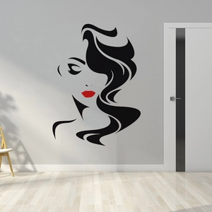 Modern wall sticker featuring a minimalist woman silhouette with flowing hair and red lips