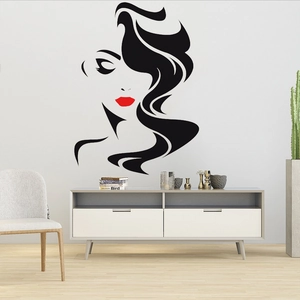 Minimalist vinyl wall decal featuring abstract woman face with red lips for living room decor