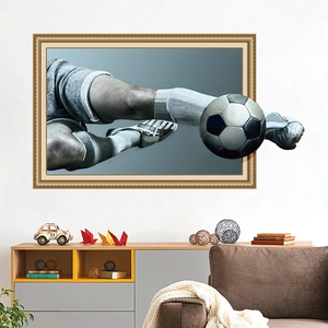 Detail view of 3D football wall decal showing a dynamic player kicking through a frame