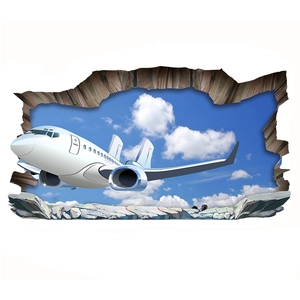 3D wall sticker featuring a white airplane flying through a broken wall with blue sky