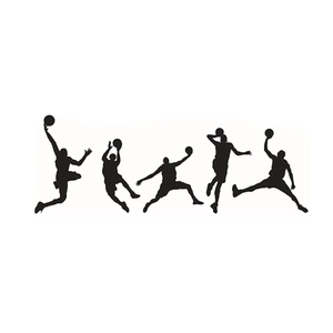 Five black basketball player silhouette wall decals showing diverse athletic dunking poses