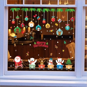 Merry Christmas window stickers set with Santa reindeer and tree on glass window