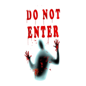 Detailed view of Halloween bloody handprint shadow decal with DO NOT ENTER text