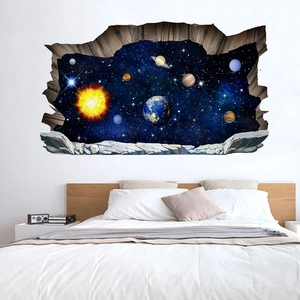 3D outer space wall decal with planets and broken wall effect for bedroom decor