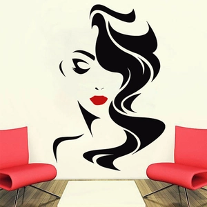 Detailed vinyl wall decal showing a stylish woman silhouette with long hair and red lips