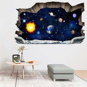 3D solar system wall decals featuring planets with a broken wall effect for living room decor