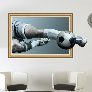 Detailed 3D soccer wall sticker showing a player kicking a ball out of a golden frame