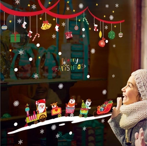 Adesivo per Finestra Treno di Natale Babbo Natale Renna Pupazzo di Neve Decalcomania in Vetro Buon Natale PVC Impermeabile Decorazione