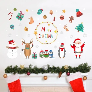 Cartoon Christmas wall stickers set with Santa, reindeer and snowman for home glass decor