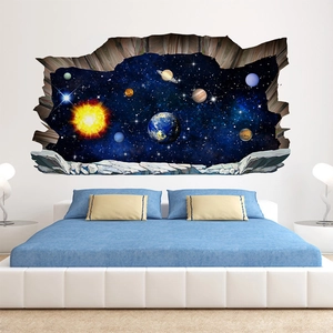 3D outer space wall sticker featuring galaxy planets with a creative broken wall design