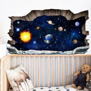 3D space wall decal featuring planets and stars through a cracked wall in a nursery