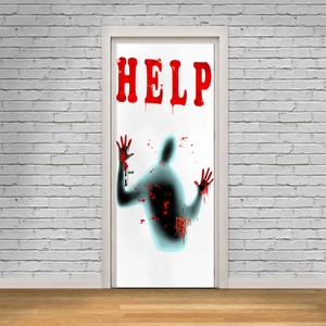 Detailed view of Halloween door sticker featuring bloody handprints and HELP text