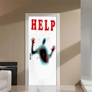 Halloween bloody handprint ghost door sticker with red HELP text for spooky home decor