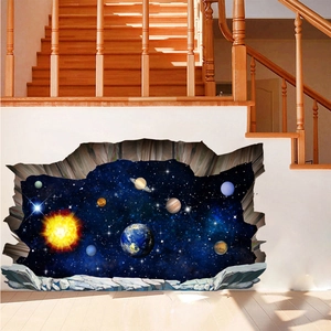 Detail showing 3D cracked wall sticker with solar system planets and deep space galaxy view